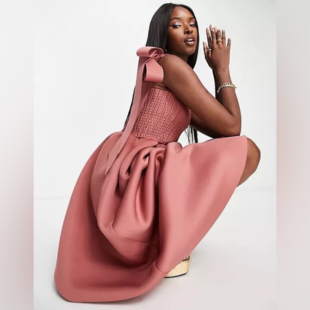 ASOS Shirred Bunny Tie Bow Prom Dress Midi in Rose